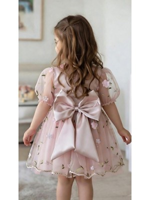 Bes Trend Kız Çocuk Bayramlık Elbise ( Yazlık )Pamuklu 3D Boyutlu Gül Detaylı Tüllü Astarlı Party Abiye