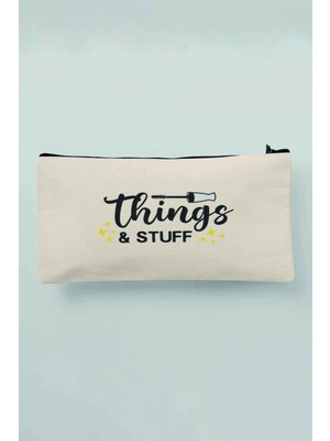 Özgürce Şık Bej Baskılı Çok Amaçlı Makyaj ve Kalem Çantası