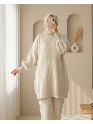 Modamorfo Yuvarlak Yaka Salaş Desenli Triko Kazak -Ekru