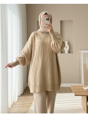 Modamorfo Yuvarlak Yaka Salaş Desenli Triko Kazak -Açık Vizon