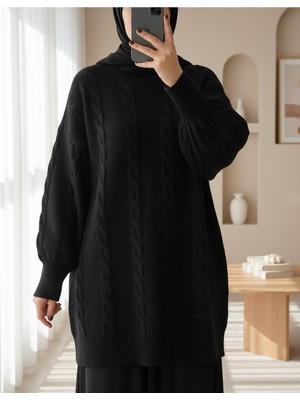 Modamorfo Saç Örgü Desen Yumoş Triko Kazak -Siyah