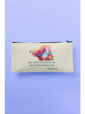 Özgürce Bahar Temalı Baskılı Bez Makyaj, Kalemlik ve Cüzdan Seti