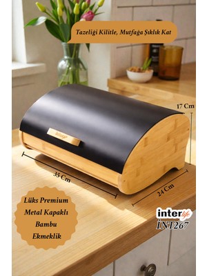 Feyza Design Bambu ve Metal Kapaklı Geniş Hacimli Tezgah Üstü Ekmek Sepeti