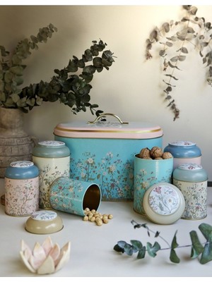 Feyza Design Şık Flora Desenli 7 Parça Metal Kavanoz ve Ekmeklik Seti