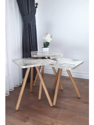 Intergo-Üçlü Zigon Sehpa Ahşap Ayaklı Kare Mermer Desenli Tasarım (Beyaz Mermer)