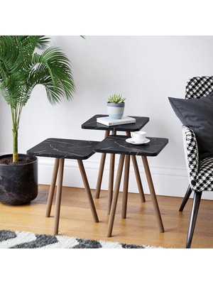 Intergo-Üçlü Zigon Sehpa Ahşap Ayaklı Kare Mermer Desenli Tasarım (Siyah Mermer)