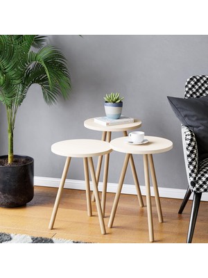 Intergo-Üçlü Zigon Sehpa Ahşap Ayaklı Yuvarlak Tasarım (Krem)