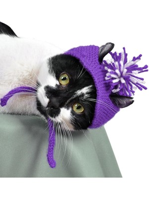 X-Perk Örme Kedi Şapkası Mor Renk Yılbaşı Şapkası