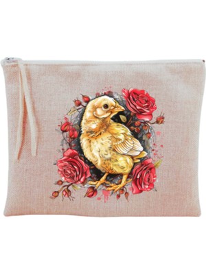 Özgürce Renkli Çiçekli Civciv Baskılı Şık Makyaj Çantası