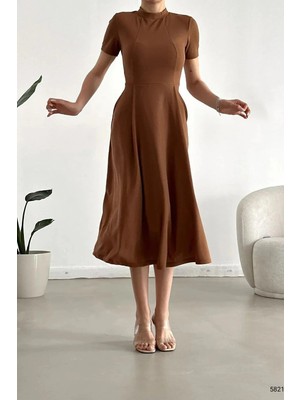 Ezraa Kahverengi Kısa Kollu Cepli Uzun Kumaş Elbise
