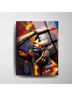 Glitglass Modern Soyut Cam Tablo - Renkli Kadın Portresi - Canlı Ekspresyonist Ev Dekoru