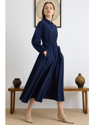 Olcay Göğüs Cepli Beli Lastikli Poplin Elbise LACİVERT 9286-E