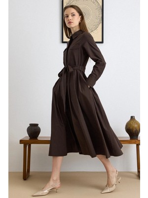 Olcay Düğme Kapamalı Pile Detaylı Pamuklu Elbise Kahve 9417-E