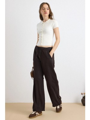 Olcay Beli Lastikli Rahat Kesim Soft Denim Pantolon Kahve 7587