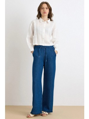 Olcay Beli Lastikli Rahat Kesim Soft Denim Pantolon Koyu Mavi 7587