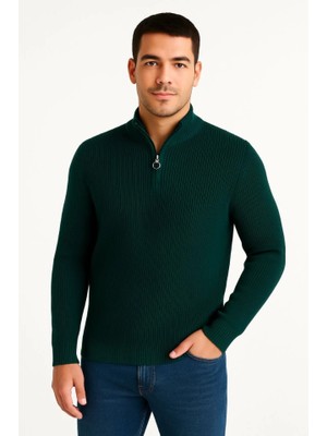 Modatıkla Erkek Yarım Fermuarlı Triko Kazak – Selanik Örgü, Dik Yaka, Pamuklu Dokuma, Regular Fit Uzun Kollu Kışlık Model - Haki