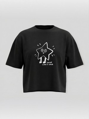 Broco Kadın Oversize Yumuşak Kumaş Shine Like A Star Crop T-Shirt