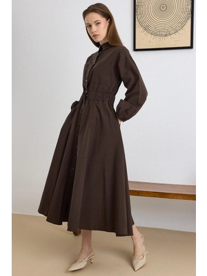 Olcay Göğüs Cepli Beli Lastikli Poplin Elbise KAHVE 9286-E