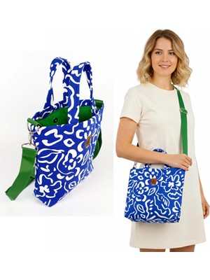 Woodycord El Yapımı Mavi Beyaz Soyut Desenli Gabardin Omuz Çantası