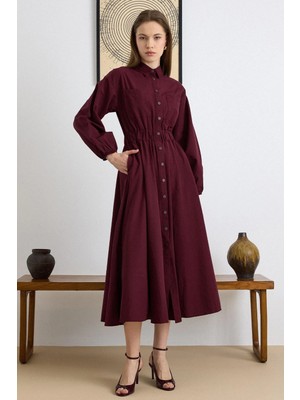 Olcay Göğüs Cepli Beli Lastikli Poplin Elbise BORDO 9286-E