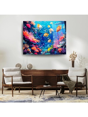 Glitglass Canlı Mercan Kayalığı ve Renkli Balıklar Temperli Cam Tablo - Akvaryum Duvar Dekoru
