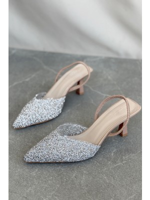 Kadın Monezza Topuklu Cam Kırığı Taşlı Ayakkabı - Nude