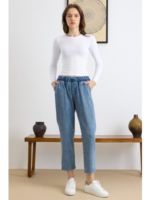Olcay Bağcık Detaylı Beli Lastikli Soft Denim Pantolon Mavi 7586