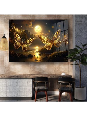 Glitglass Cam Tablo Altın Kanatlar: Ay Işığında Parlayan Kelebekler