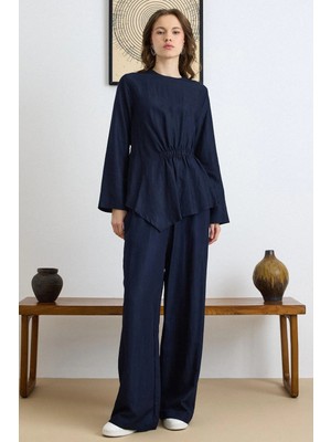 Olcay Büzgü Detaylı Soft Denim Tunik Pantolon Takıım Lacivert 9421-TK