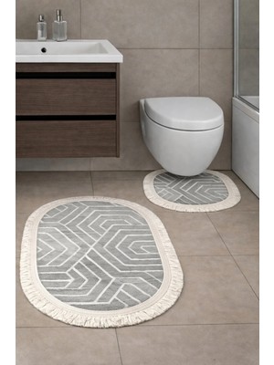 Kaymaz Tabanlı 2’li Banyo Paspas Seti – Yıkanabilir, Su Emici, Toz & Leke Tutmaz Oval Klozet Takımı