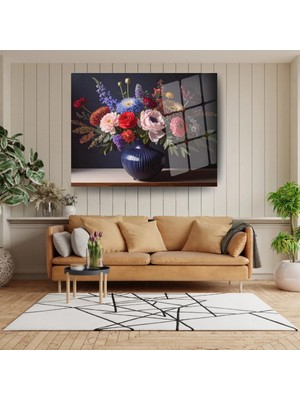 Glitglass Vazo Içinde Klasik Çiçek Buketi Yağlı Boya Efektli Temperli Cam Tablo - Antik Mavi Duvar Dekoru