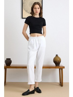 Olcay Bağcık Detaylı Beli Lastikli Soft Denim Pantolon Beyaz 7586