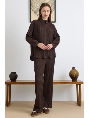 Olcay Kendinden Desenli Gömlek Pantolon Ikili Takım Kahve 9412-TK