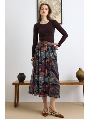 Olcay Kemer Aksesuarlı Etnik Desen Şifon Etek Lacivert 7073