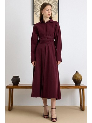 Olcay Düğme Kapamalı Kuşak Detaylı Kloş Pamuklu Elbise BORDO 9419-E