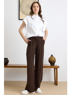 Olcay Beli Lastikli Geniş Paça Modal Pantolon Kahve 7588