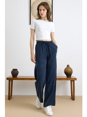 Olcay Beli Lastikli Geniş Paça Modal Pantolon Lacivert 7588