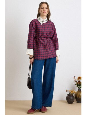 Olcay Taş Detaylı Ekose Desenli Gömlek Bordo 9422