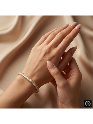 Stainless Steel 316L Çelik Gold Renk Baget Zirkon Taşlı Su Yolu Bileklik 4mm 19cm