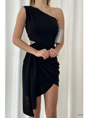 Ezraa Teks Tek Omuz Bel Dekolteli Bağlamalı Krep Elbise Siyah