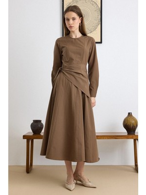 Olcay Fular Detaylı Kloş Pamuklu Elbise S.KAHVE 9420-E