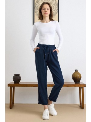 Olcay Bağcık Detaylı Beli Lastikli Soft Denim Pantolon Lacivert 7586