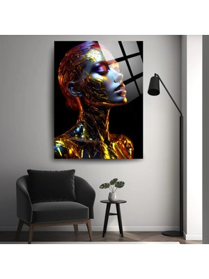 Glitglass Lüks Altın ve Mavi Soyut Cam Tablo Sanatı – Modern Kadın Portresi