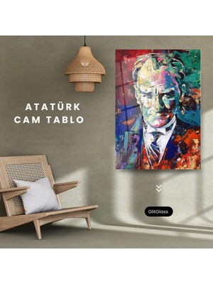 Glitglass Atatürk Portresi Soyut Renkli Tasarım Sanatsal Temperli Cam Tablo