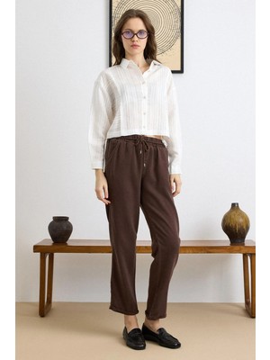 Olcay Bağcık Detaylı Beli Lastikli Soft Denim Pantolon Kahve 7586