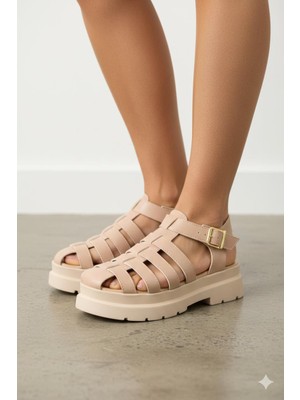Shoemix Kadın Nut Cilt Kafesli Gladyatör Sandalet Kalın Tırtıklı Taban Tokalı Terlik