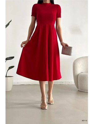 Ezraa Kırmızı Kısa Kollu Cepli Uzun Krep Kumaş Elbise