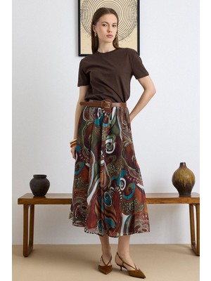 Olcay Kemer Aksesuarlı Etnik Desen Şifon Etek Kahve 7073