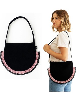 Woodycord El Yapımı Siyah Kadife Fırfırlı Oval Omuz Çantası