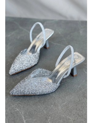 Kadın Monezza Topuklu Cam Kırığı Taşlı Ayakkabı - Gümüş